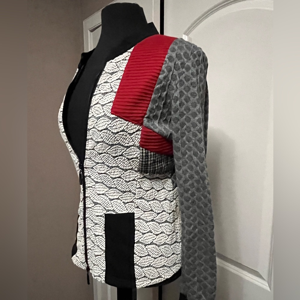 Chic Women's Patchwork Inspired Jacket Red, Gray, and Black